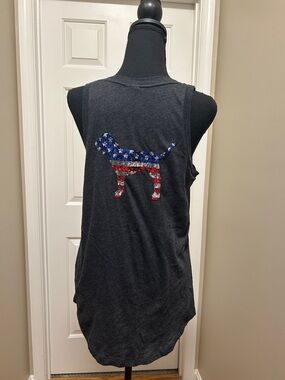 PINK Victoria's Secret Dark Heather Gray Tank with patriotic sequin dog emblem